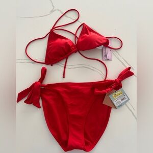 M - Red Tie-Side Triangle Bikini Set